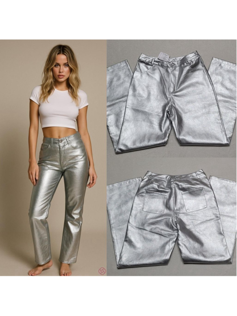 Bailey Rose Full Moon Straight Leg High Waisted Hi-Shine Silver Pants M